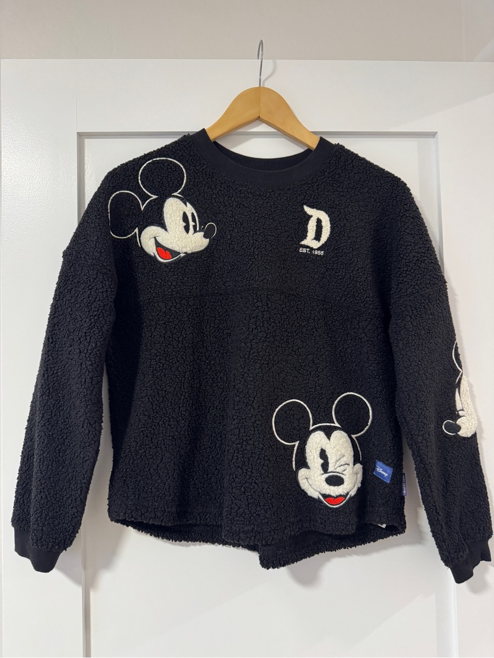 Disney Black Mickey Sherpa Crewneck Sweatshirt with White Embroidered Faces